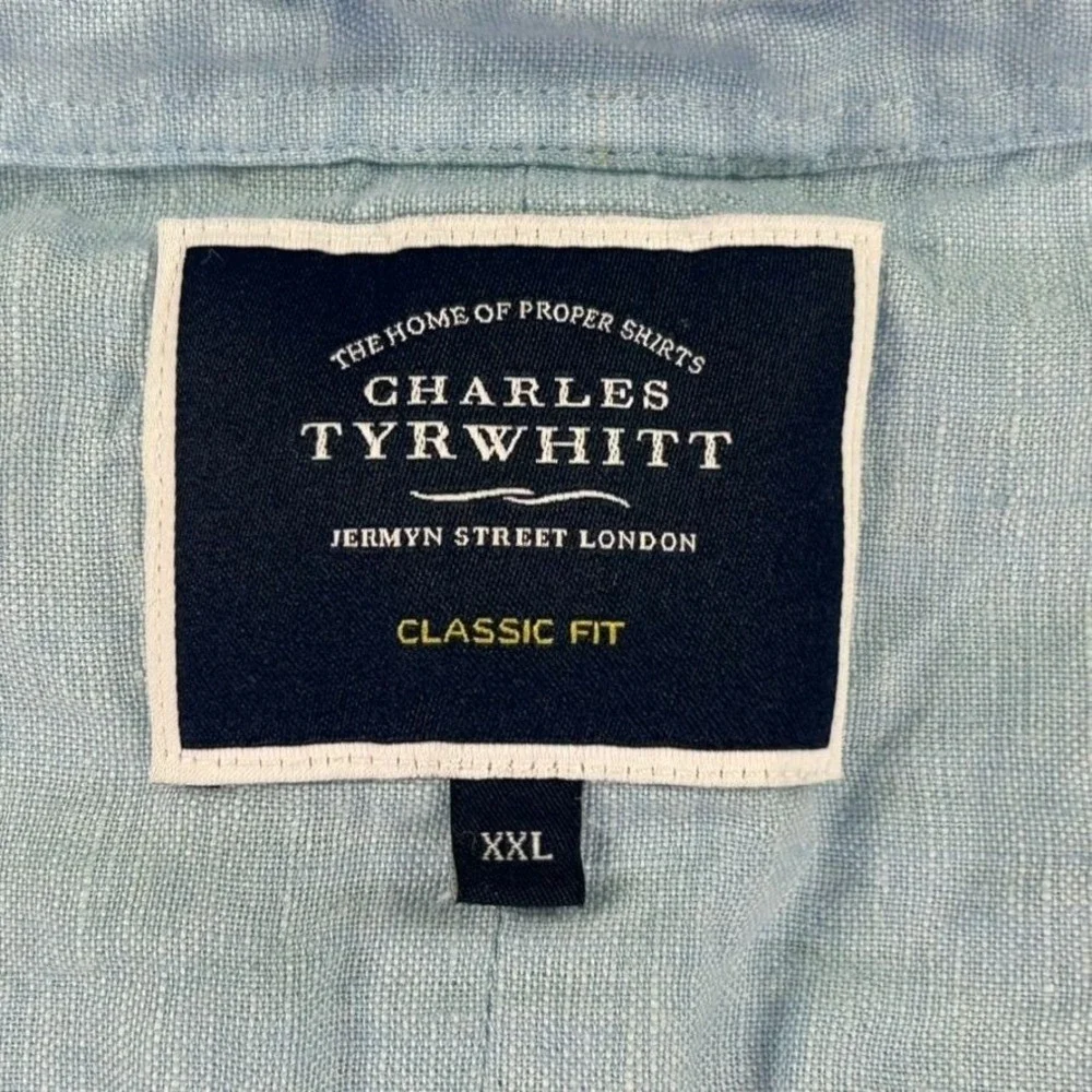 Charles Tyrwhitt‎ Classic Button Up Light Blue Linen Shirt Men XXL Long Sleeve